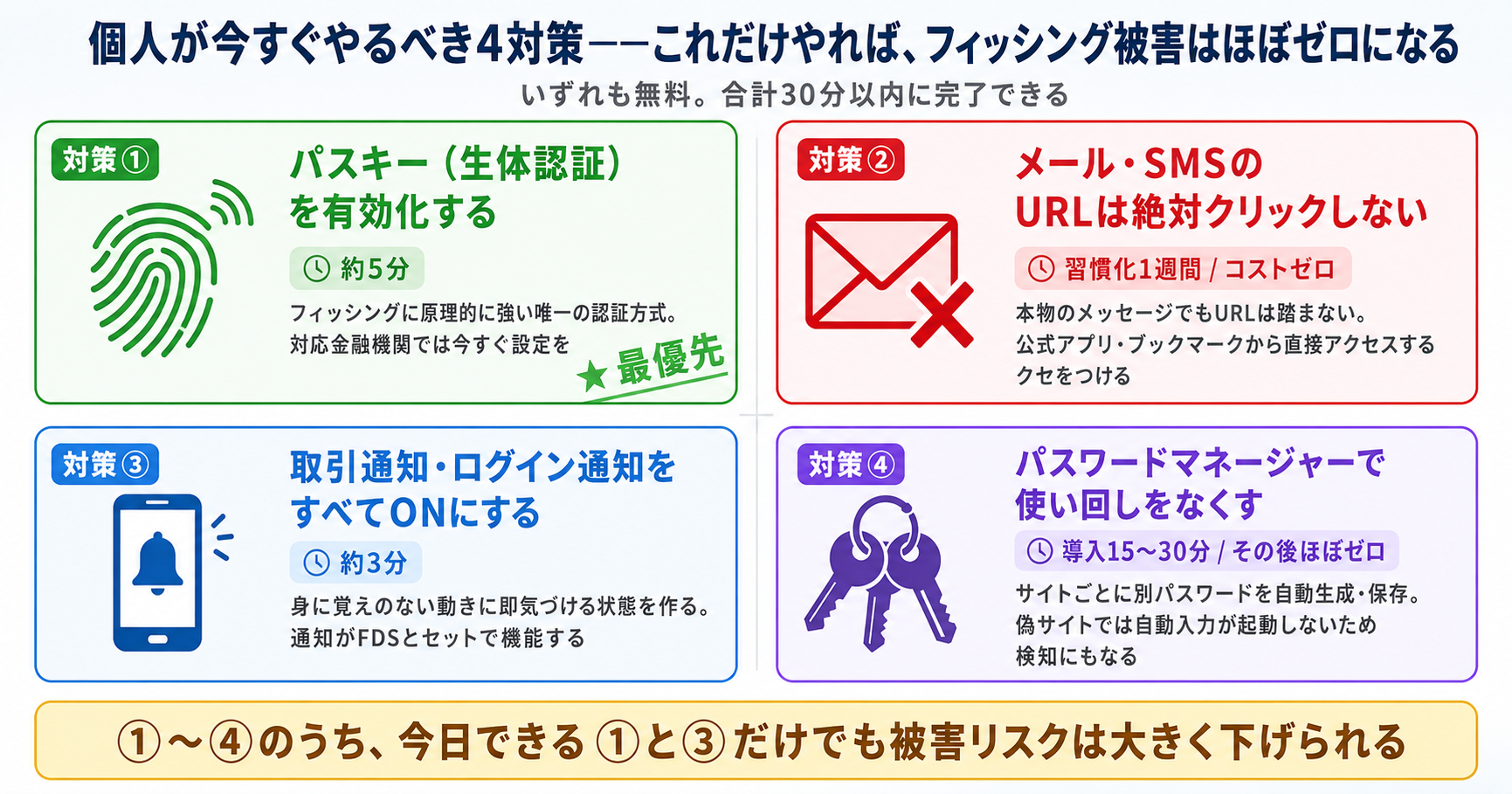 個人が今すぐやるべき4対策:パスキー有効化・メールURLクリックしない・通知ON・パスワードマネージャー活用の概要チェックリスト