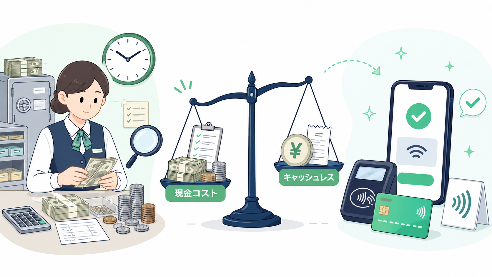 現金コストとキャッシュレスのコストを天秤にかけるイラスト