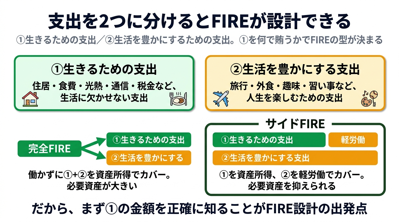 支出を①生きるための支出と②生活を豊かにする支出に分け、サイドFIREでは①を資産所得・②を軽労働で賄うことを示す図