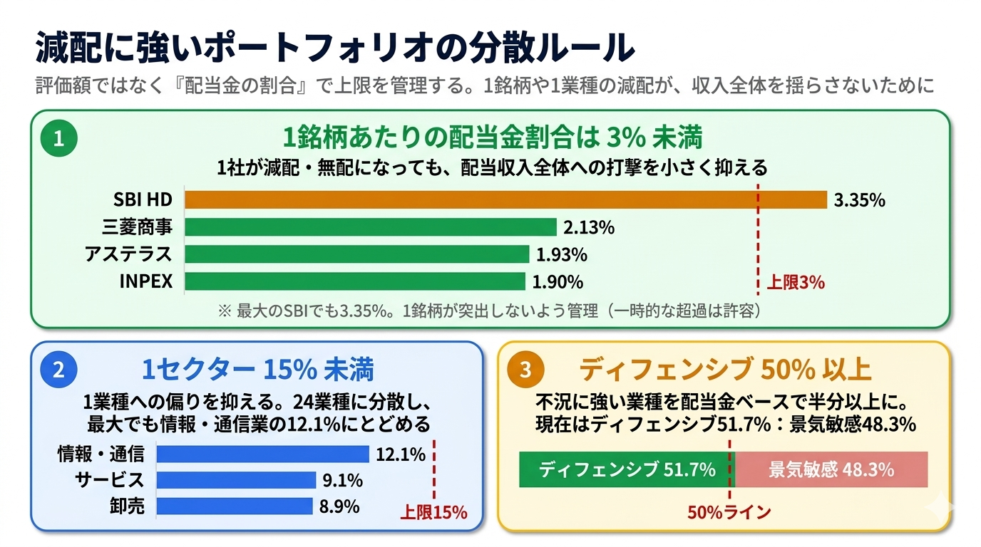 減配に強いポートフォリオの分散ルールを示した図。ルール1は1銘柄あたりの配当金割合を3%未満にする（最大のSBIホールディングスでも3.35%）。ルール2は1セクター15%未満（最大でも情報・通信業の12.1%）。ルール3はディフェンシブ業種を配当金ベースで50%以上にする（現在はディフェンシブ51.7%対景気敏感48.3%）。いずれも評価額ではなく配当金の割合で管理している