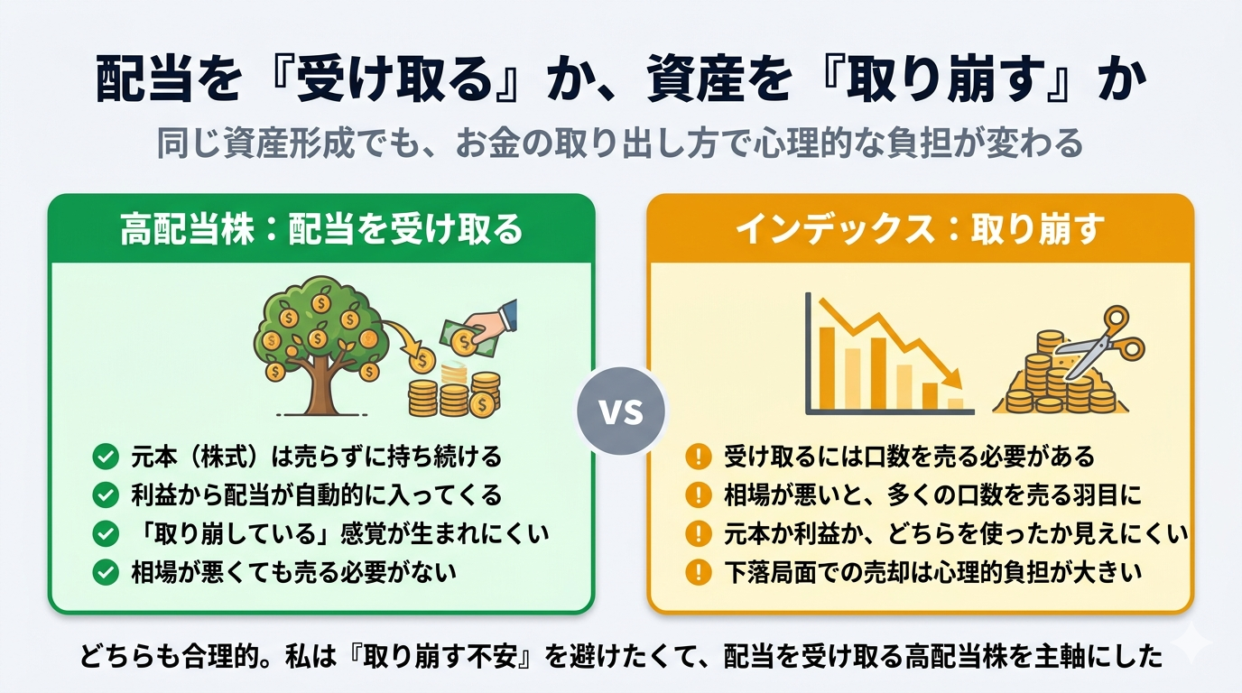 高配当株とインデックスでお金の取り出し方を比較した対比図。左の高配当株は配当を受け取る方式で、元本（株式）を売らずに持ち続ける・利益から配当が自動的に入る・取り崩している感覚が生まれにくい・相場が悪くても売る必要がない。右のインデックスは取り崩す方式で、受け取るには口数を売る必要がある・相場が悪いと多くの口数を売る羽目になる・元本か利益か見えにくい・下落局面での売却は心理的負担が大きい