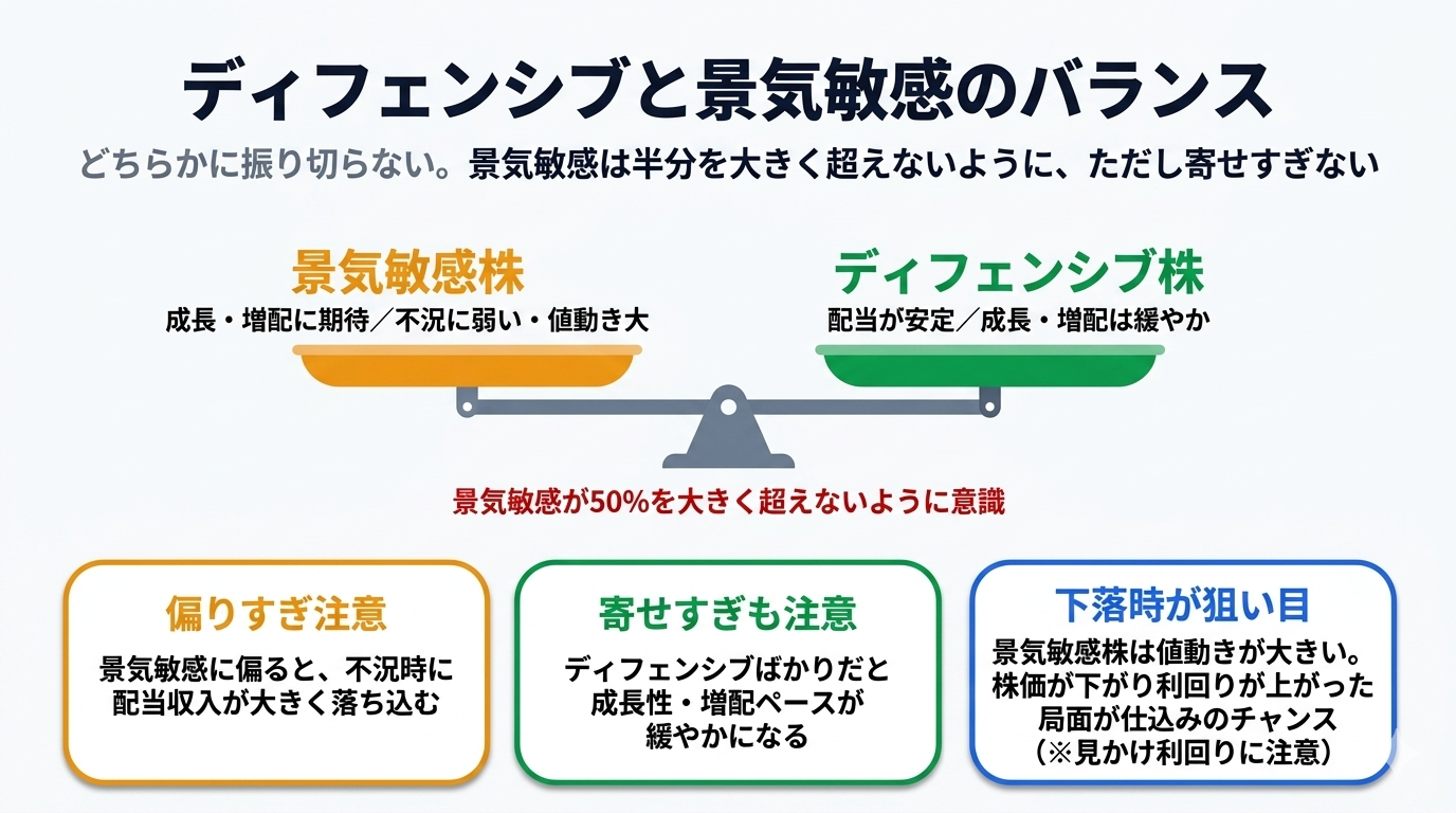 ディフェンシブ株と景気敏感株のバランスを天秤で示した図解。景気敏感株は成長・増配に期待できるが不況に弱く値動きが大きい。ディフェンシブ株は配当が安定するが成長・増配は緩やか。景気敏感が50%を大きく超えないように意識する。偏りすぎ注意・寄せすぎも注意・下落時が狙い目（見かけ利回りに注意）の3ポイント