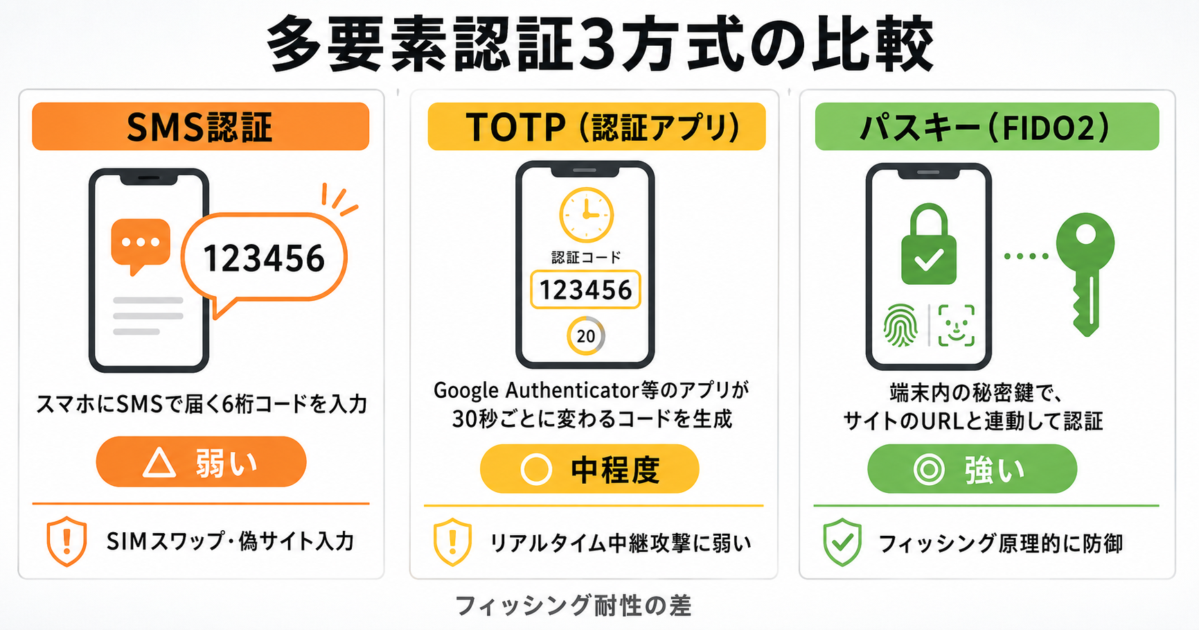 多要素認証3方式の比較:SMS認証・TOTP(認証アプリ)・パスキー(FIDO2)の仕組みと耐性レベル