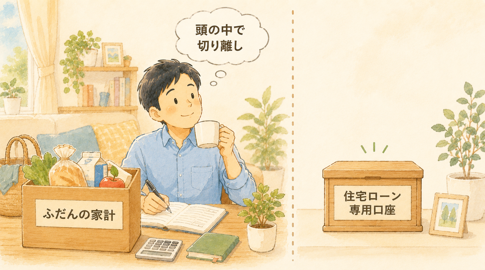 ふだんの家計と住宅ローン専用口座を点線で仕切って分け、頭の中で切り離してふだんの暮らしを楽しむ会社員のイラスト