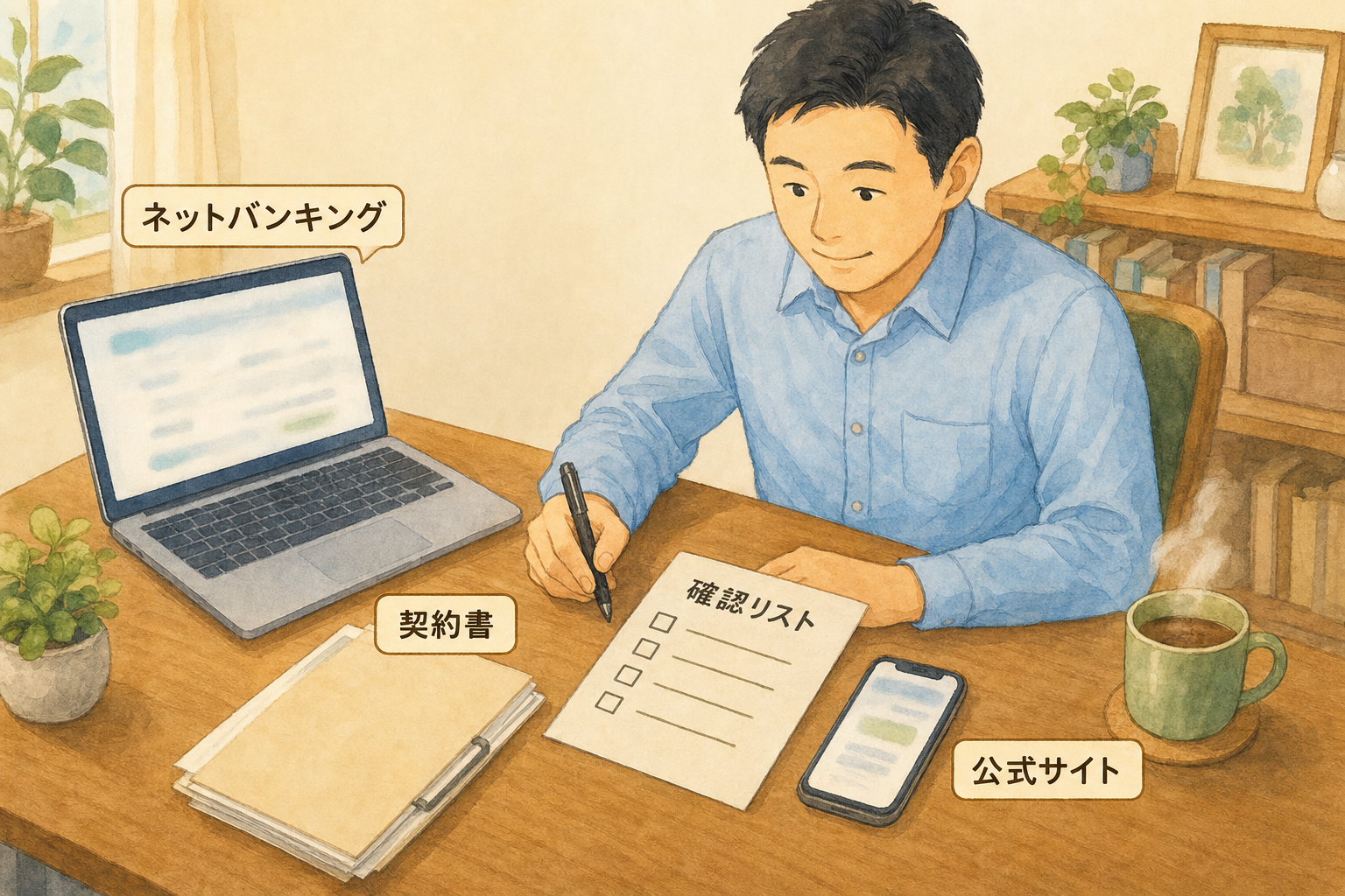 ネットバンキングのパソコン、契約書、公式サイトを開いたスマートフォンを机に並べ、確認リストを手に必要な数字をチェックする会社員のイラスト