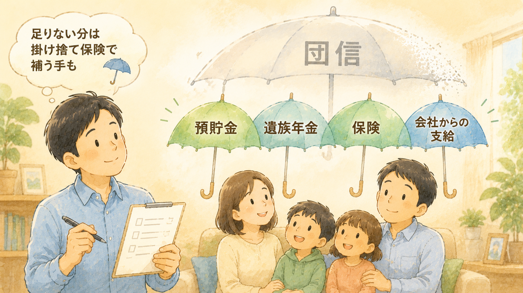 団信の傘が薄れても、預貯金・遺族年金・保険・会社からの支給という4本の傘が家族を守っているかを確認する会社員のイラスト。足りない分は掛け捨て保険で補う選択肢も
