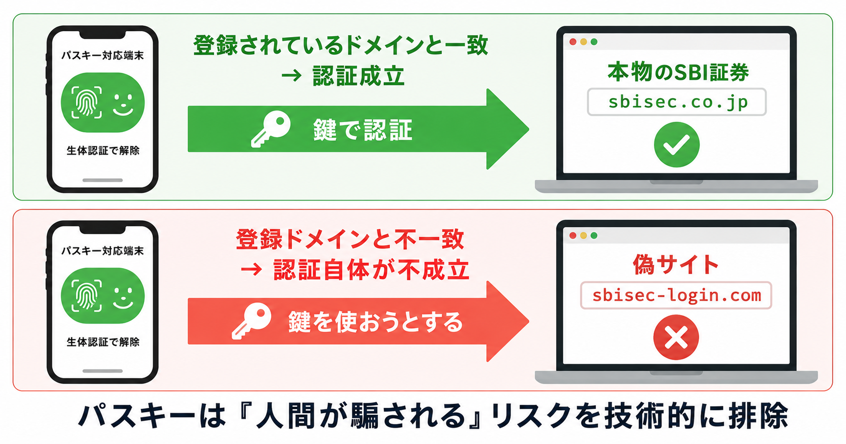 パスキー(FIDO2)がフィッシング攻撃に強い理由:ドメイン連動の暗号認証で偽サイトでは鍵が一致しない