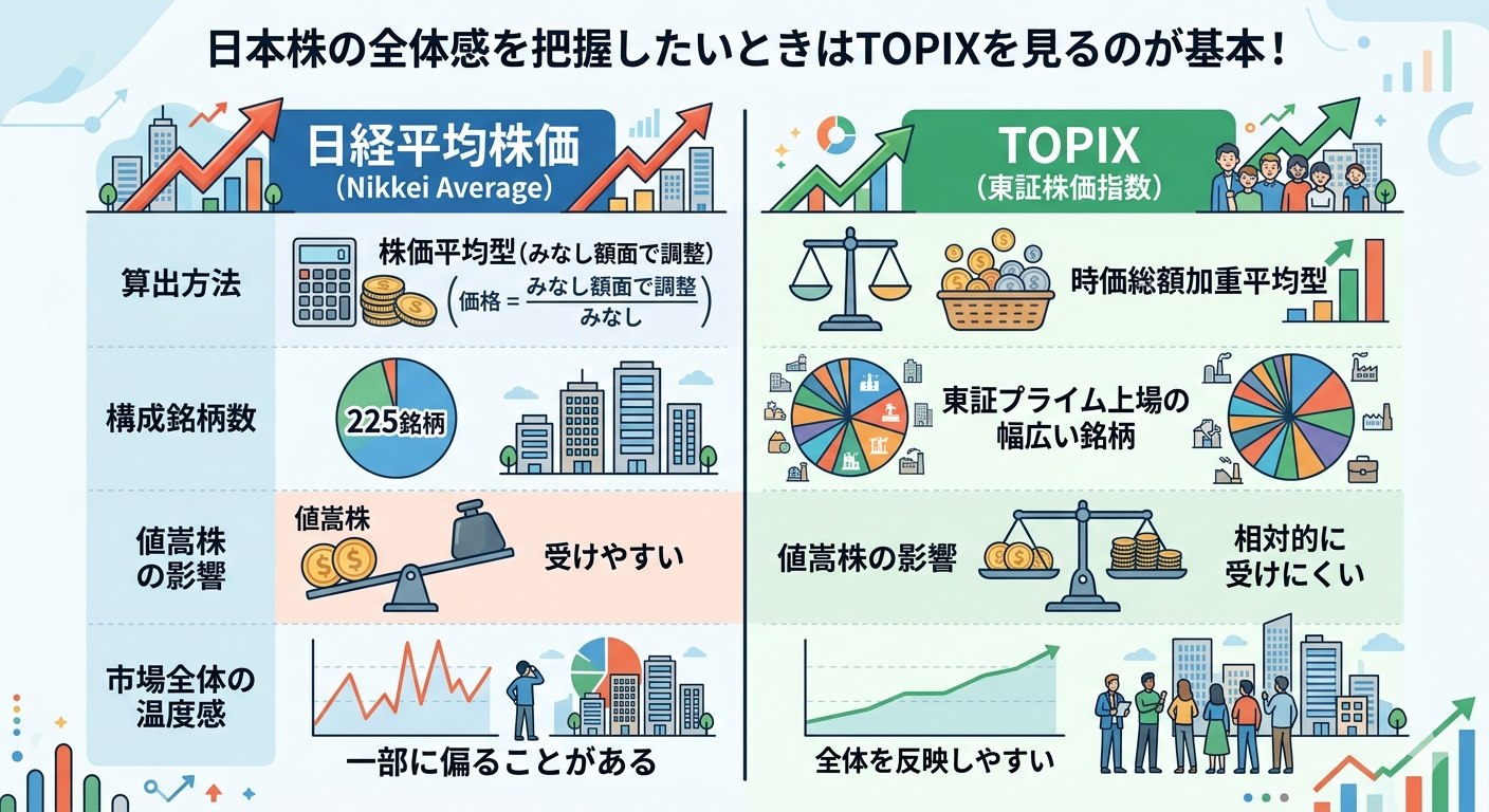 日経平均(株価平均型)とTOPIX(時価総額加重平均型)の算出方式の違い:値嵩株の影響度比較