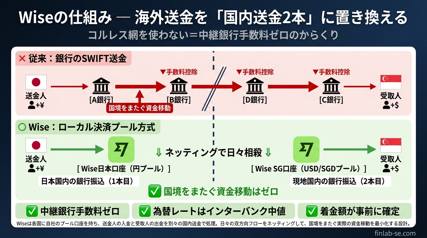 Wiseの仕組み — 海外送金を「国内送金2本」に置き換えるローカル決済プール方式