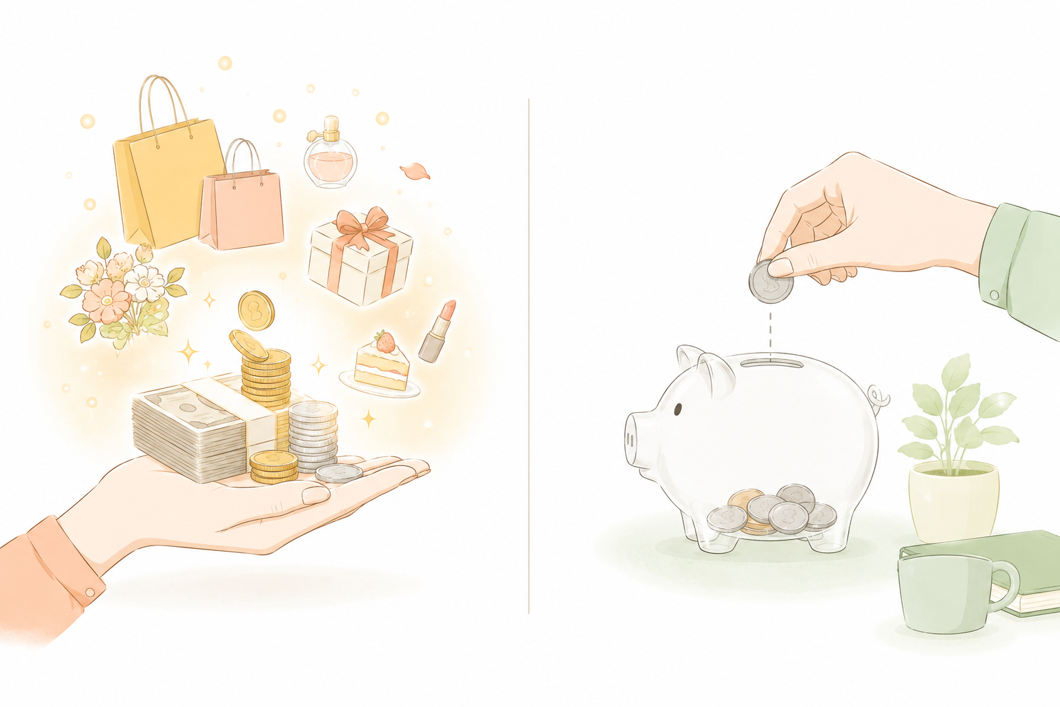 まとまったお金が散財につながる様子と、貯金箱に少しずつ貯まる様子の対比イラスト