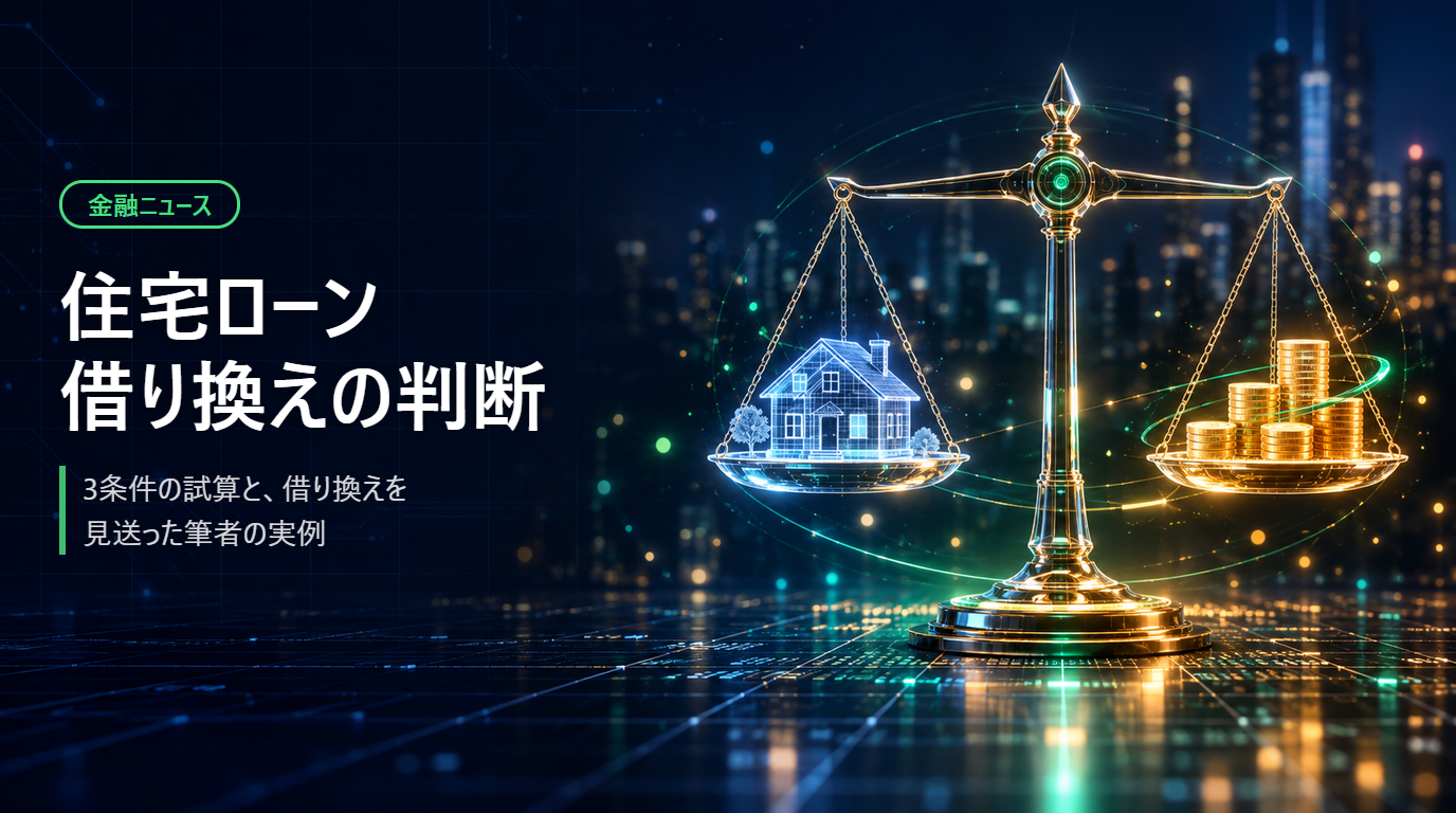 天秤の左に住宅、右に積み上がる金貨を乗せて住宅ローンの借り換え判断を比較するイメージ
